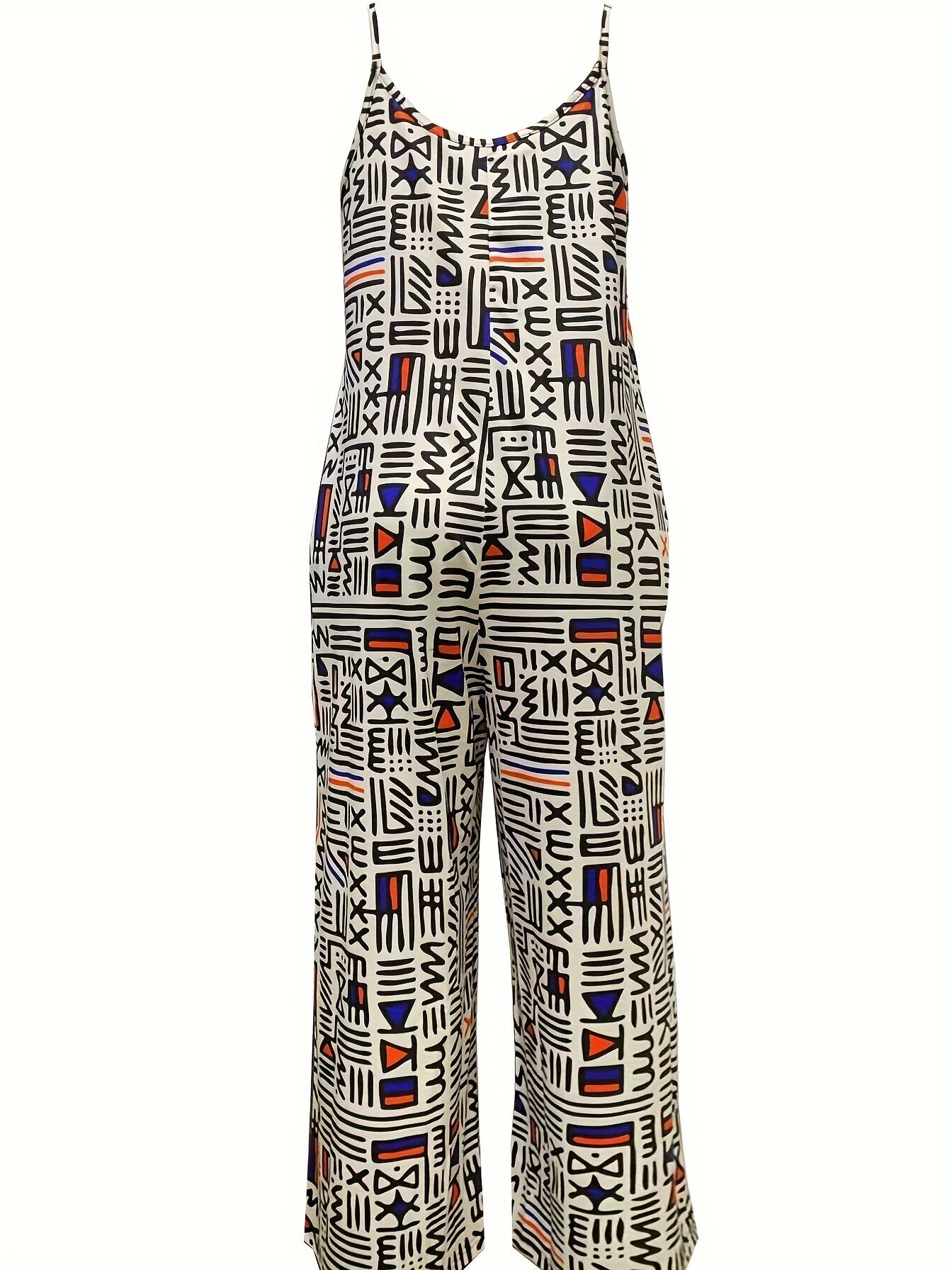 Plus Size Geometric Print Round Neck Wide Leg Cami Jumpsuit - Bold & Beautiful 🌟🔺