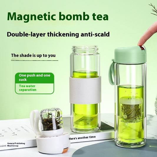 Magnetic Bomb Tea Cup Double Layer Glass Cup Upscale Portable One-click Ejection