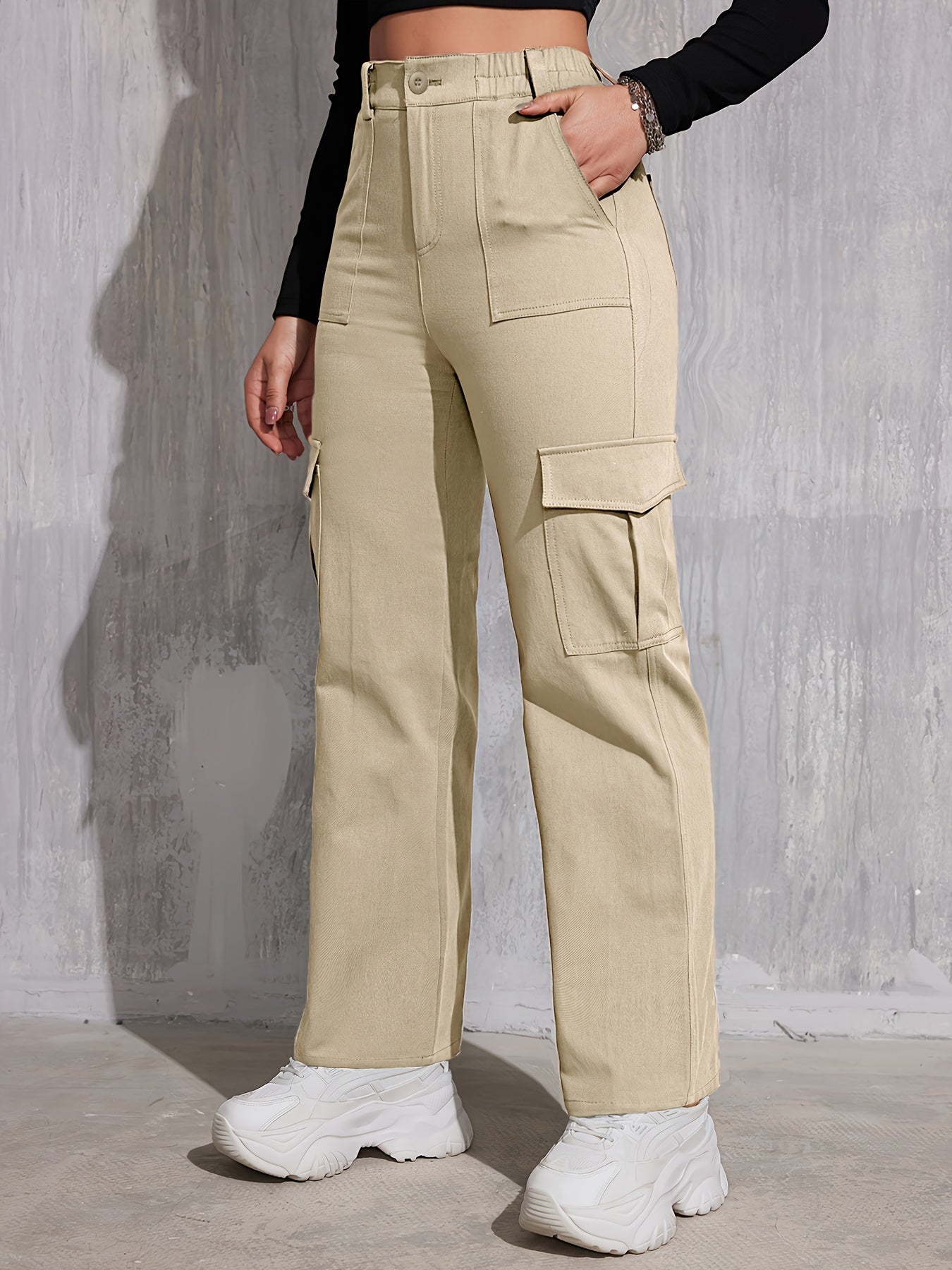 Solid Straight Leg Cargo Pants