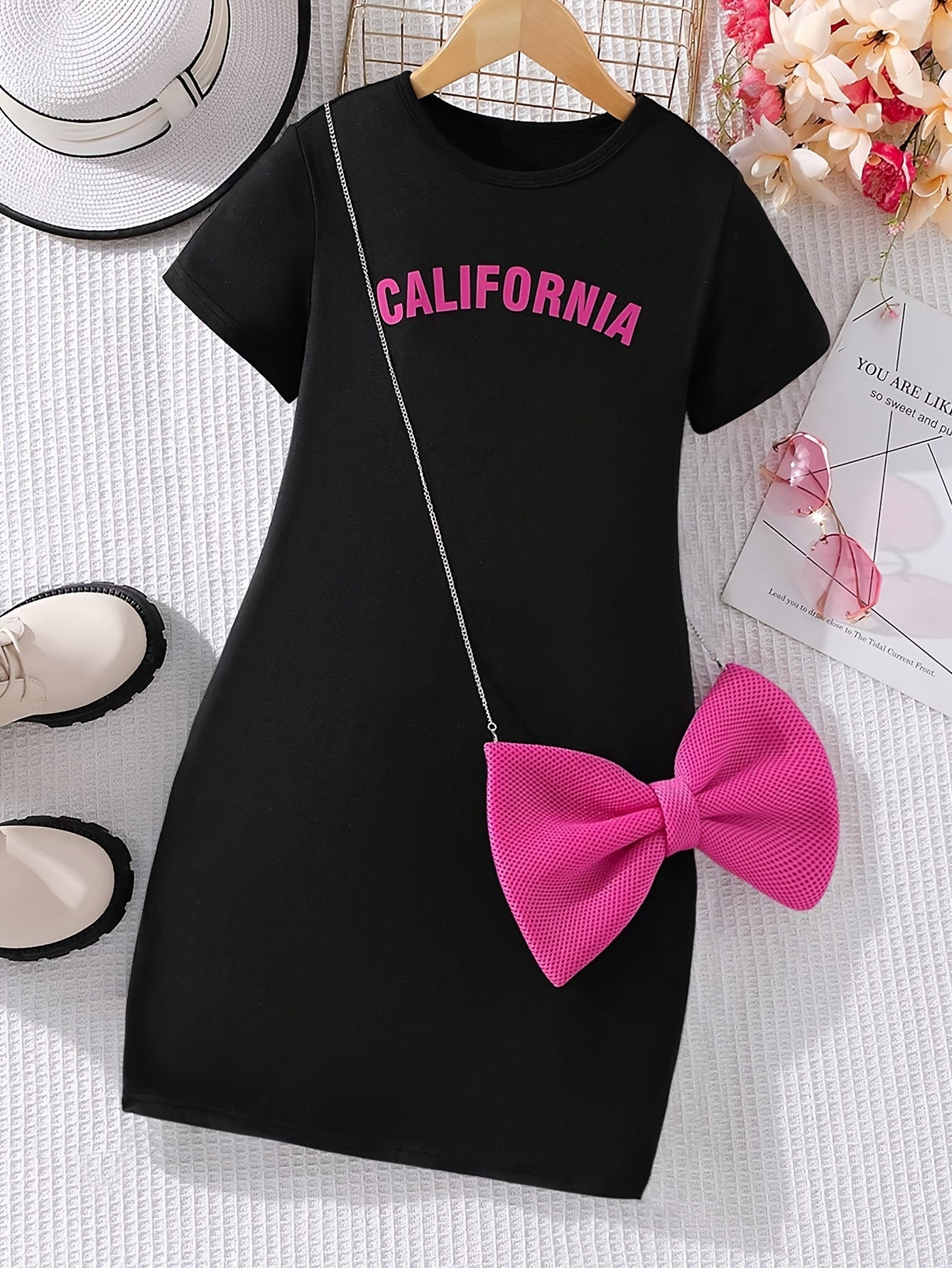 🎀 Girls' Letter T-Shirt Dress & Bow Bag Set – Sweet & Stylish Summer Outfit 👗