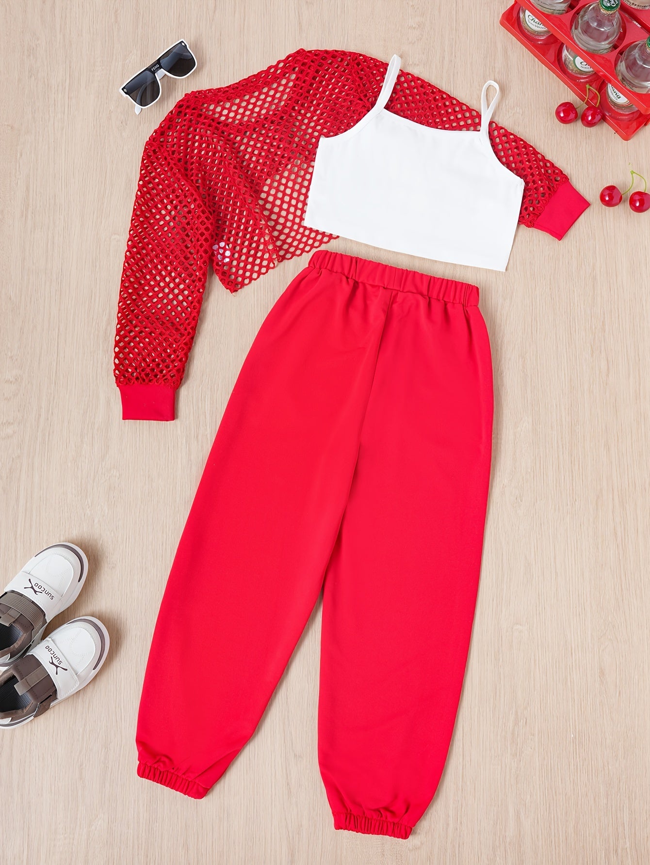 🌟 3-Piece Brooklyn Letter Girls' Outfit Set – Cami Shirt, Cover-Up Top & Jogger Pants 🌟