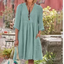 European And American Cotton And Linen Style Solid Color Three-quarter Length Sleeve V-neck Medium Dress