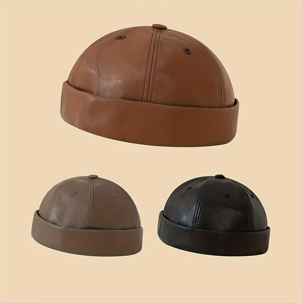 🧢 Trendy PU Leather Docker Hat - Solid Color Unisex Brimless Skull Cap 👌