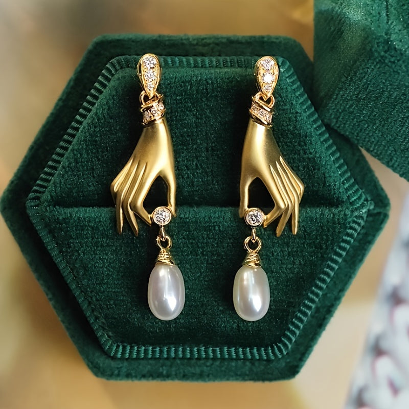 ✨ Golden Hand Faux Pearl Dangle Earrings ✨