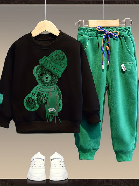 🐻 Trendy 2-Piece Boy's Beanie Bear Patched Outfit – Sweatshirt & Sweatpants Set for Spring & Fall 🍂