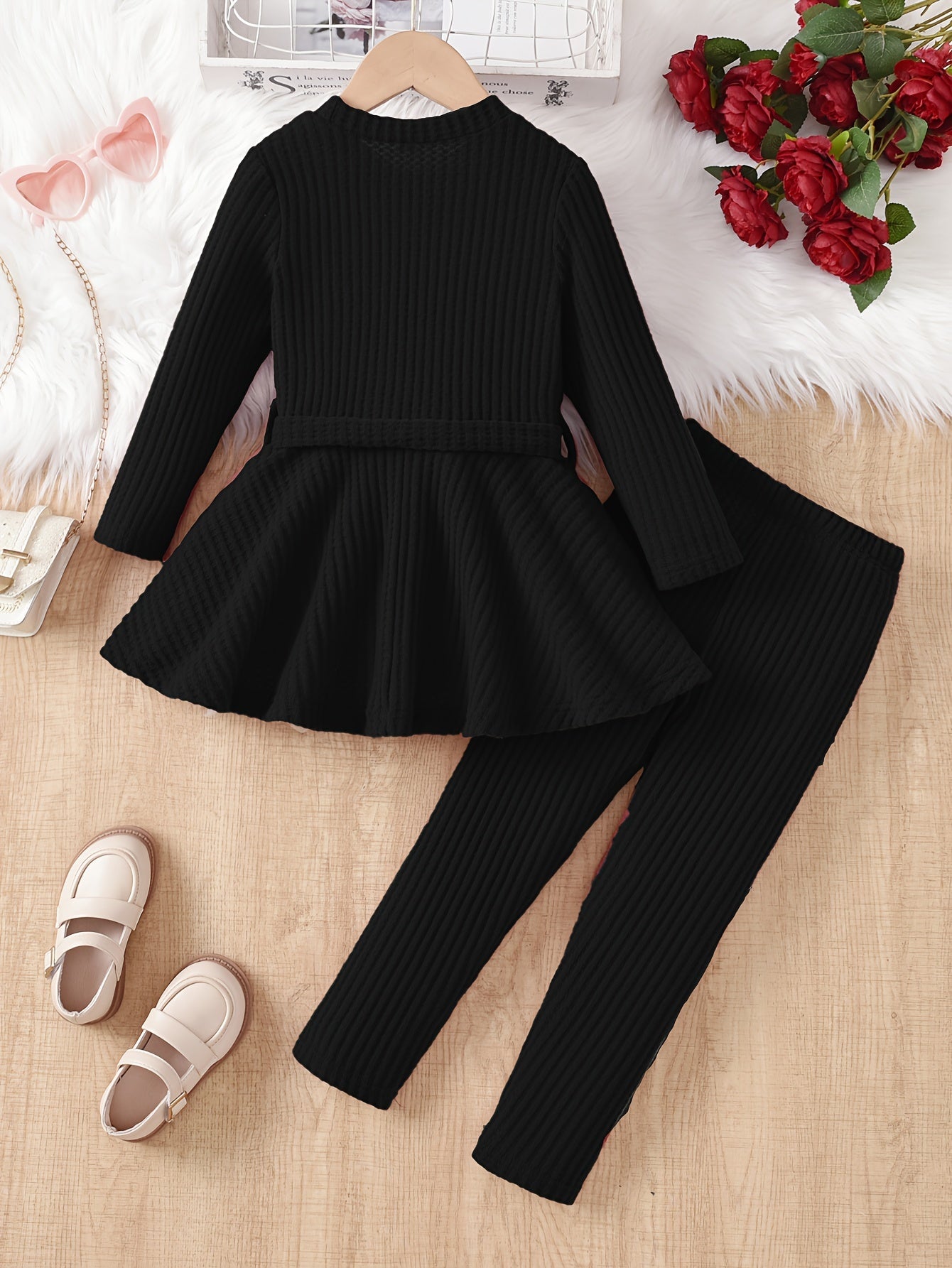 💖 Girls' Casual Waffle Knit Pullover Top with Bow and Long Sleeve Pants Set