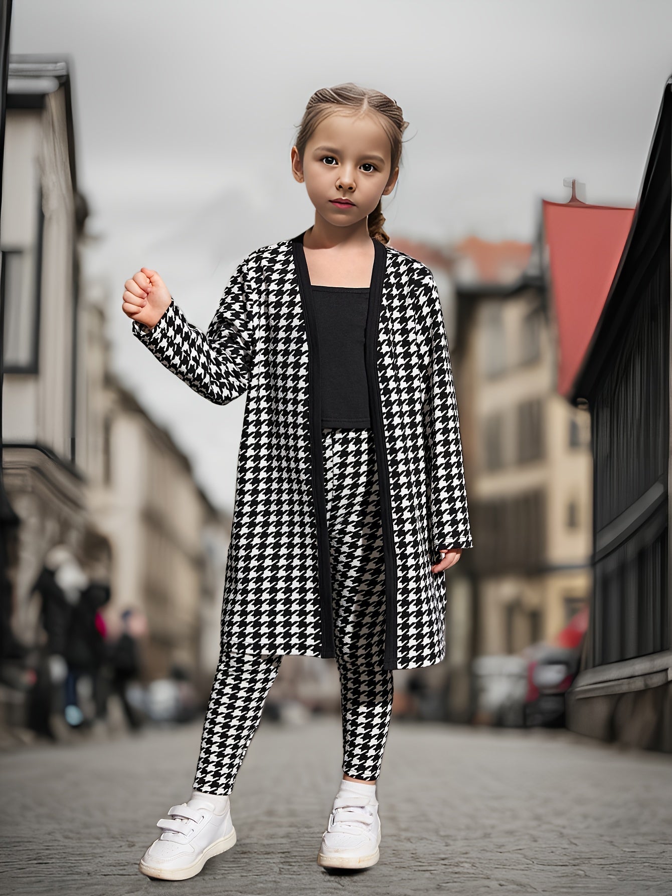 🌟 3-Piece Trendy Hounds tooth Pattern Set for Girls: Long Cardigan + Solid Tank Top + Slim Leggings 👧