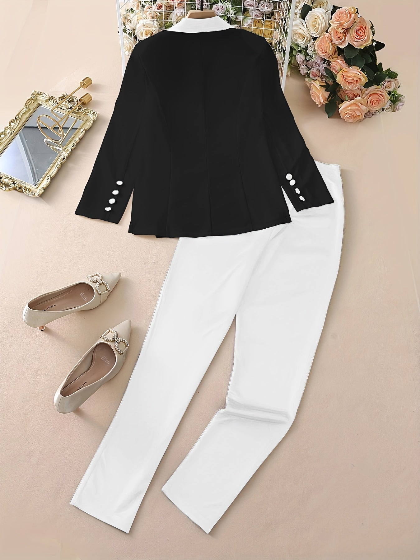 Color Block Two-Piece Set - Casual Button Front Blazer & Straight Leg Pants