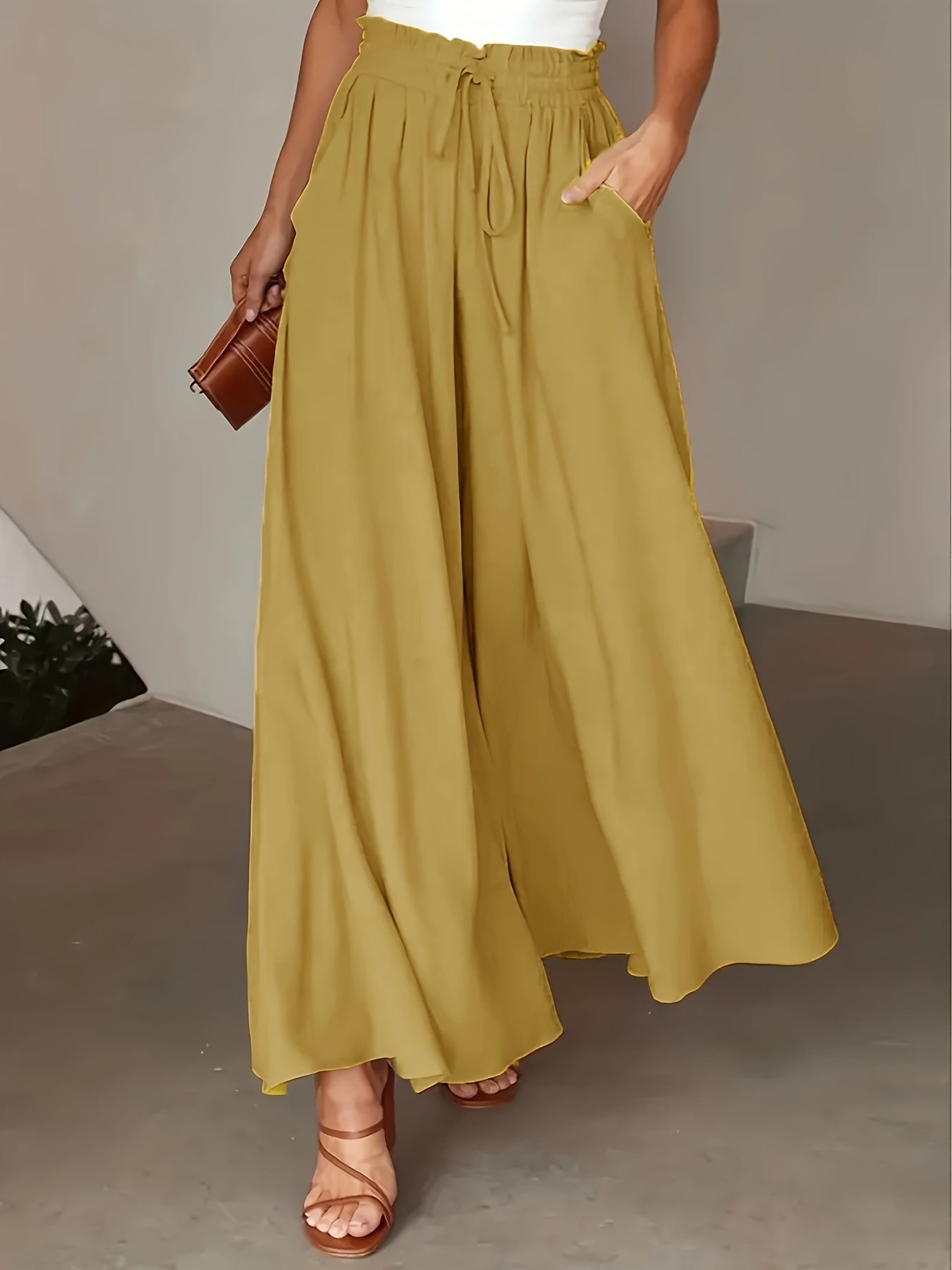 Elastic Waist Wide Leg Tied Pants