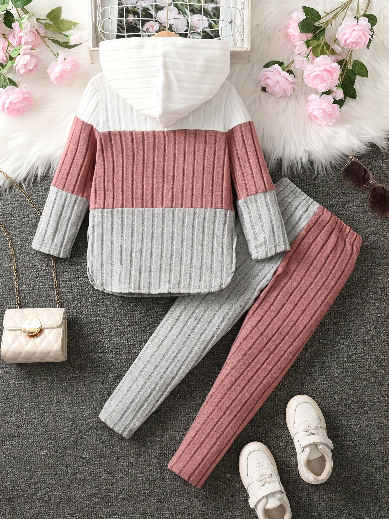 Girls' Contrast Color Ribbed Hoodie & Slim Pants Set ❄️✨