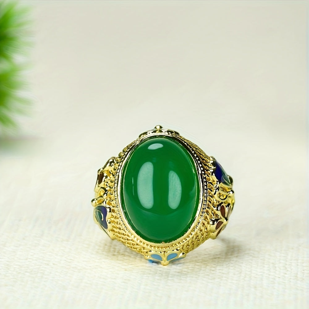 Cloisonné Green Agate Retro Palace Style Ring 💚👑