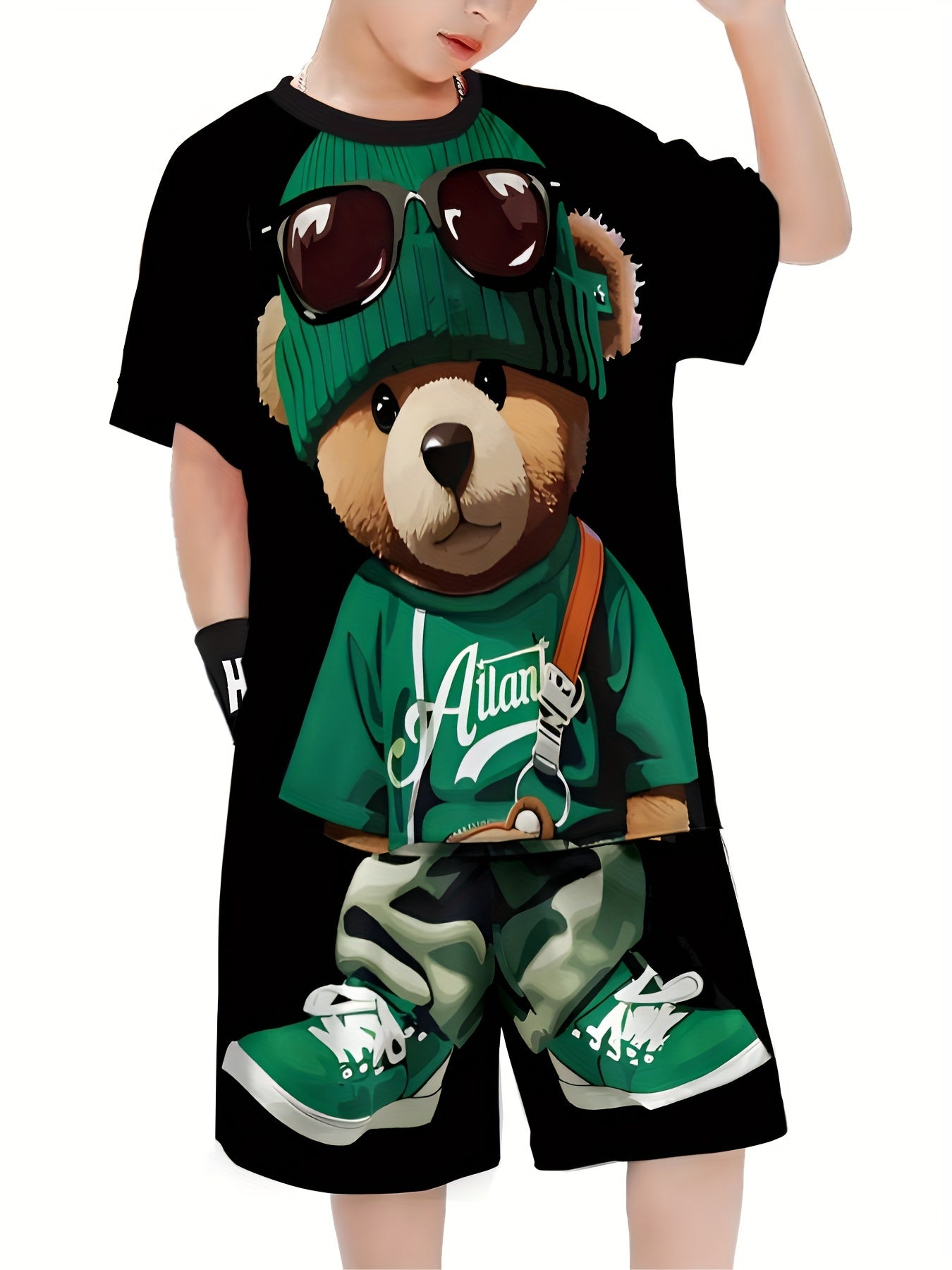 🧸 Boys Cartoon Bear Print Short Sleeve Tee and Shorts Set 🌞