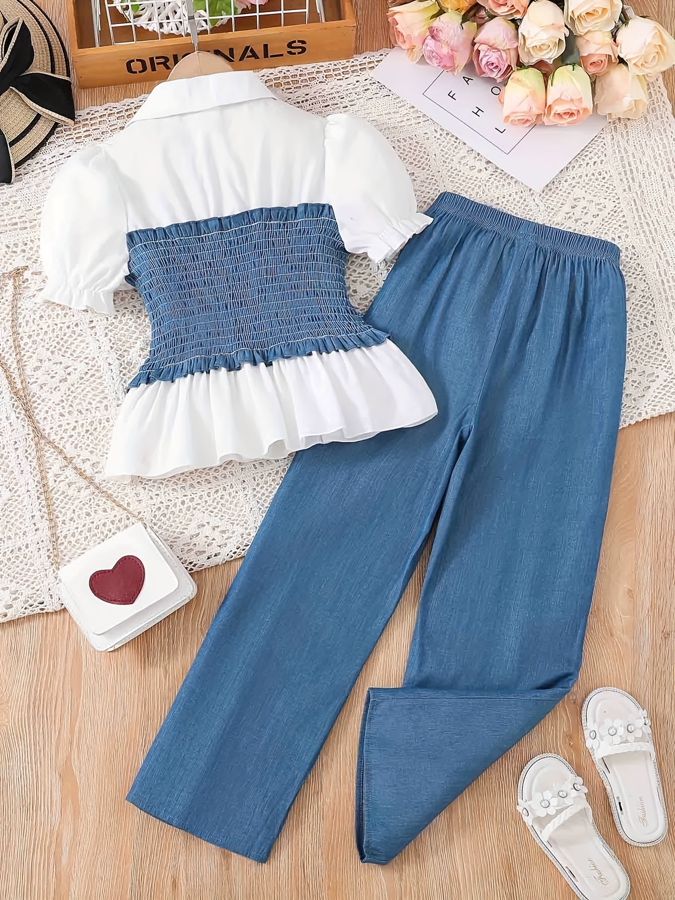 🌸 Girls' Stylish & Casual 2-Piece Outfit – Puff Sleeve Peplum Top & Wide-Leg Pants 👗