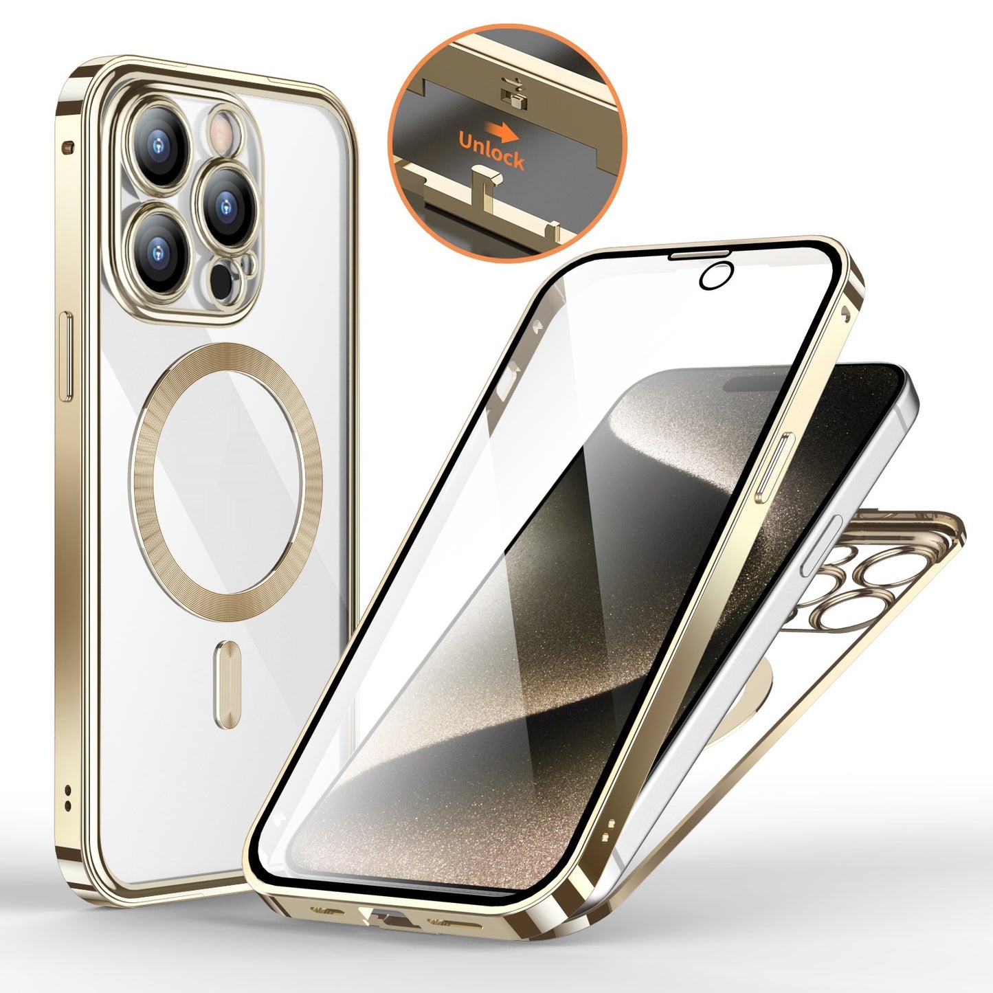 Secure Shield Magnetic Metal Buckle Phone Case: Double-Sided Lens Protection with Wireless Charging Support