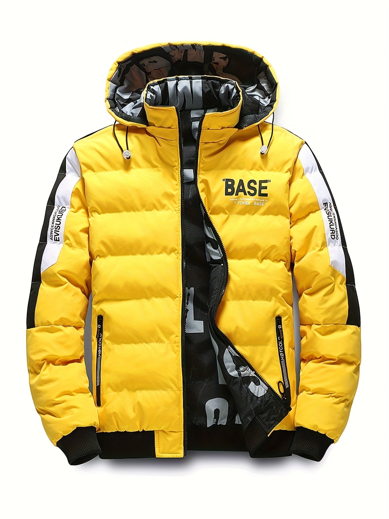 🧥 Men's Casual Base Graphic Print Reversible Padded Coat - Chic Warm Hooded Jacket for Fall & Winter