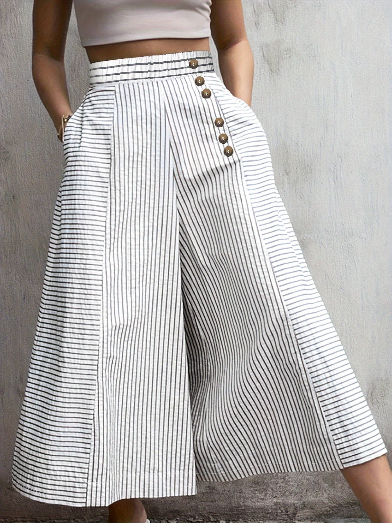 Striped Fake Buttons Elastic Waist Pants