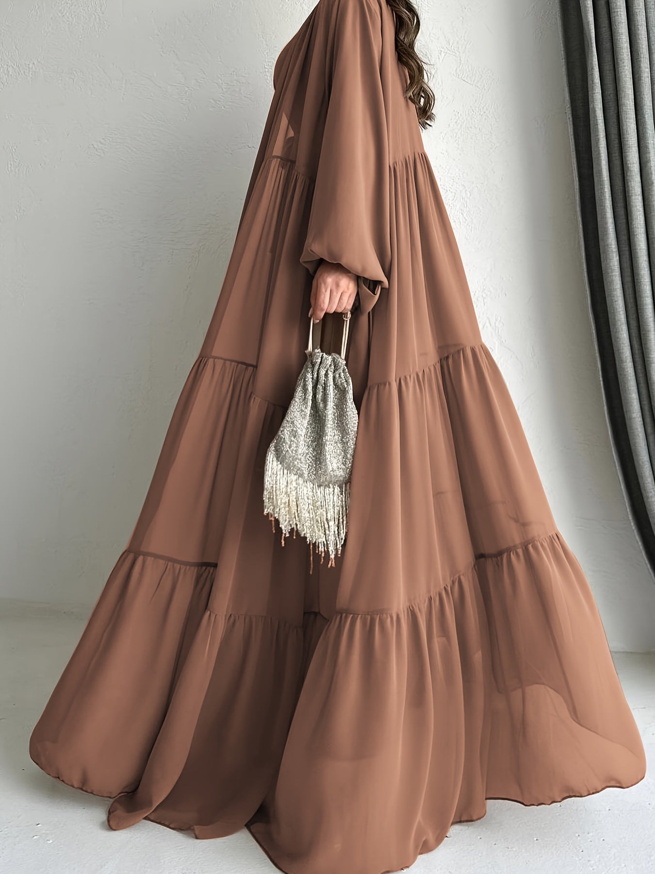 Crew Neck Long Sleeve Abayas Dress - Elegant Ruffle Hem Maxi with Long Sleeve Cardigan