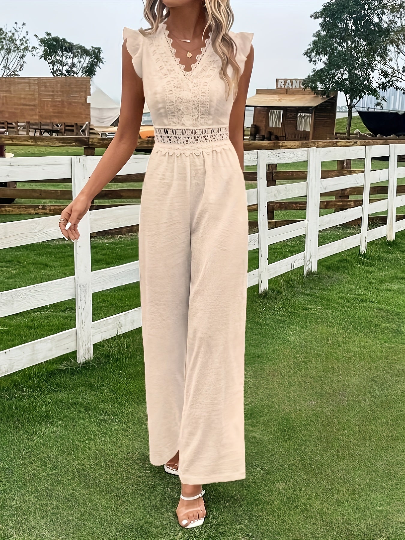 Lace Solid Wide Leg Jumpsuit