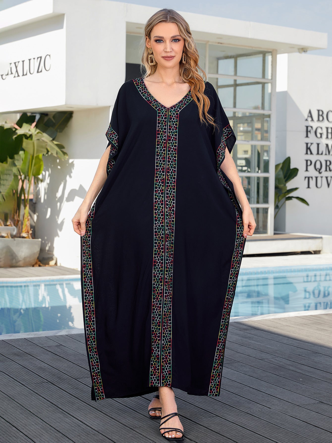 Rayon Embroidered Holiday Loose Plus Size Robe Dress