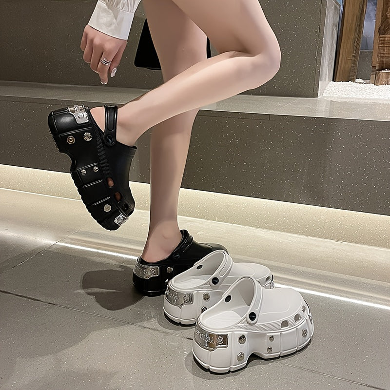 Women's Solid Color EVA Clogs, Platform Soft Sole Metallic Studded Slides, Non-slip Punk Trendy Slides