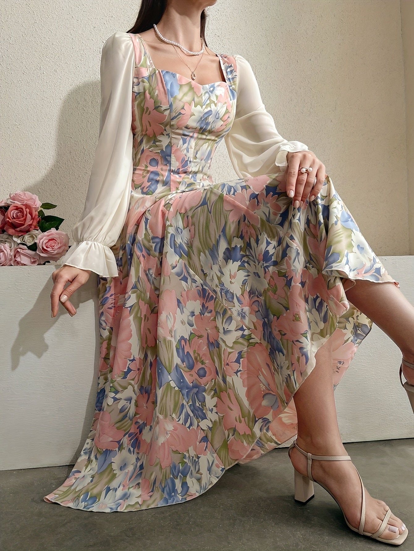 Floral Sweetheart Mesh Stitching Maxi Dress