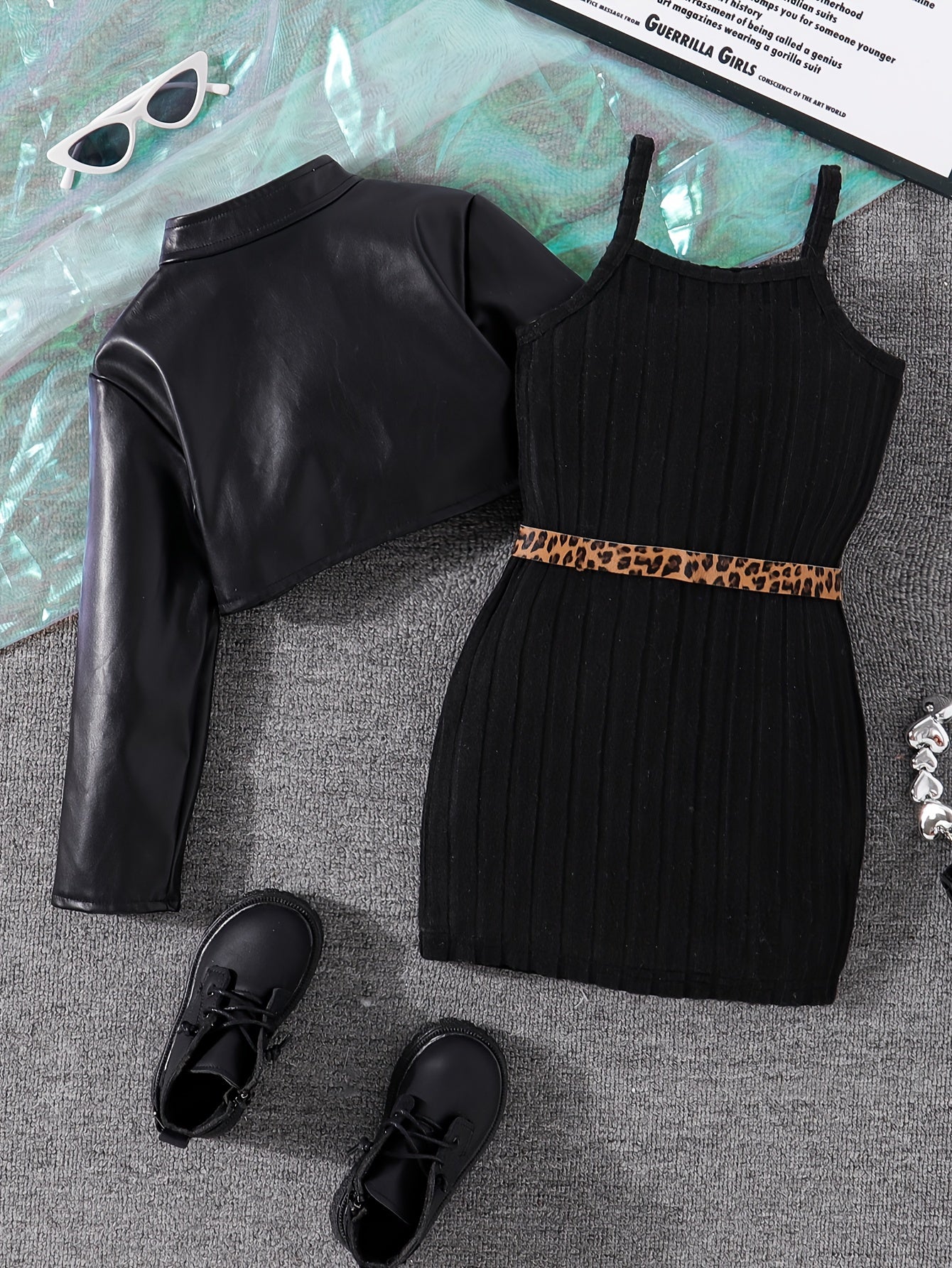 🌟 Trendy Girls 2-Piece Set: Stand Collar Bike Jacket + Ribbed Cami Dress & Belt 👧