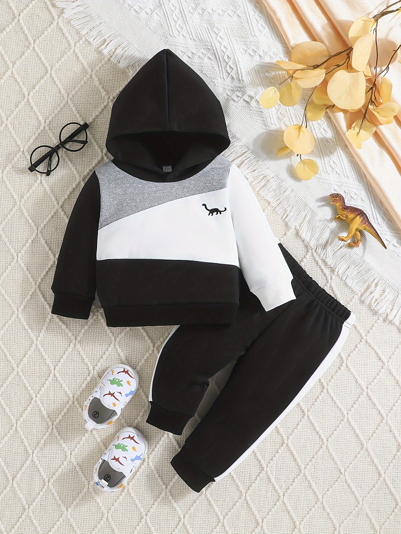 2pcs Baby's Dinosaur Embroidery Color Block Stitching Hoodie & Casual Pants Set 🦖✨