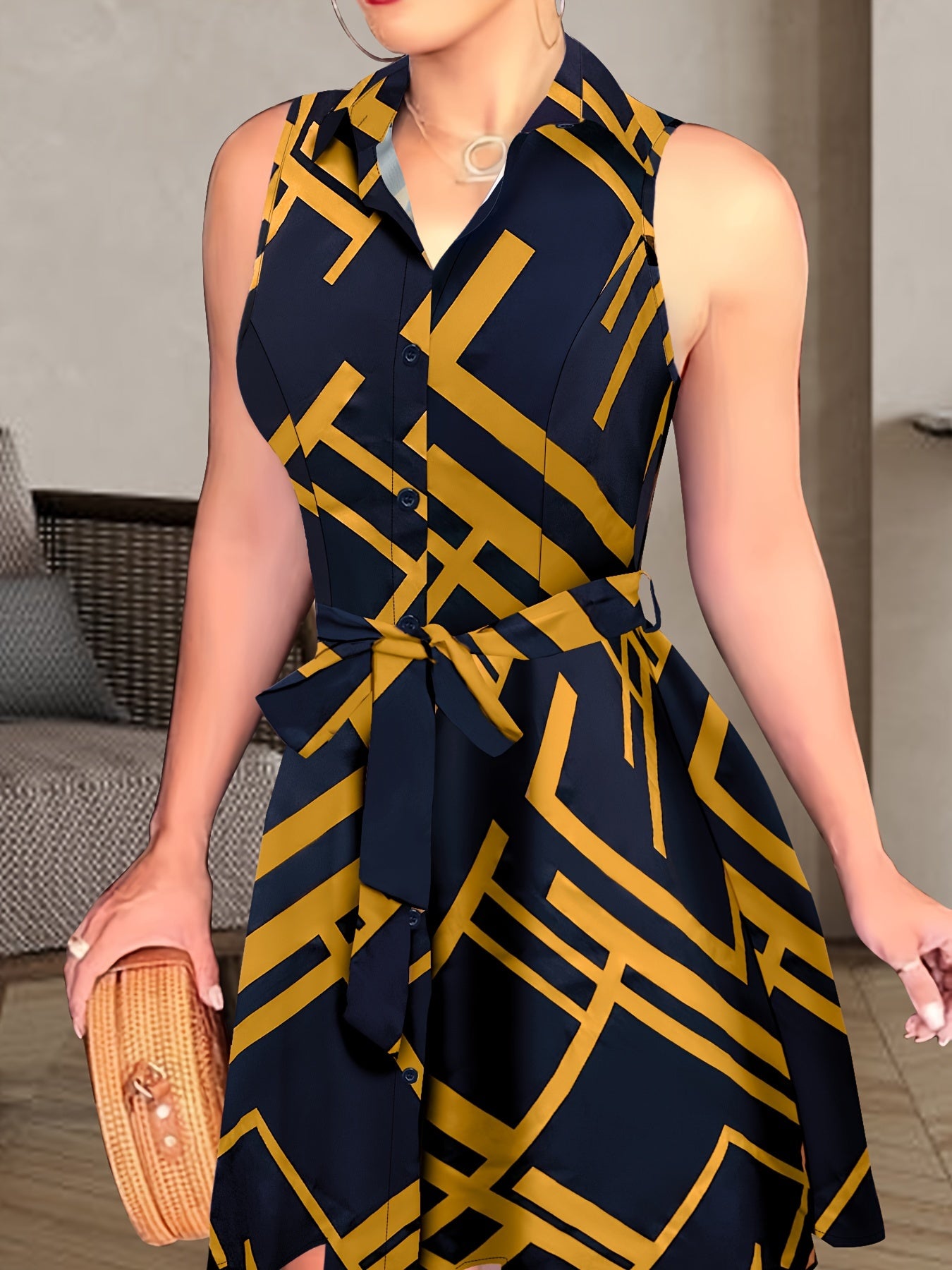 Abstract Print Tie-Waist Sleeveless Dress