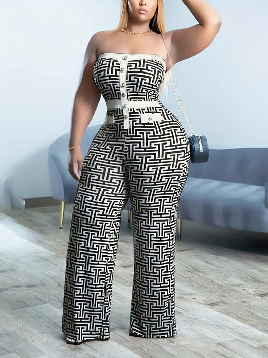 Plus Size Geometric Print Button Décor Tube Wide Leg Jumpsuit 🔷✨