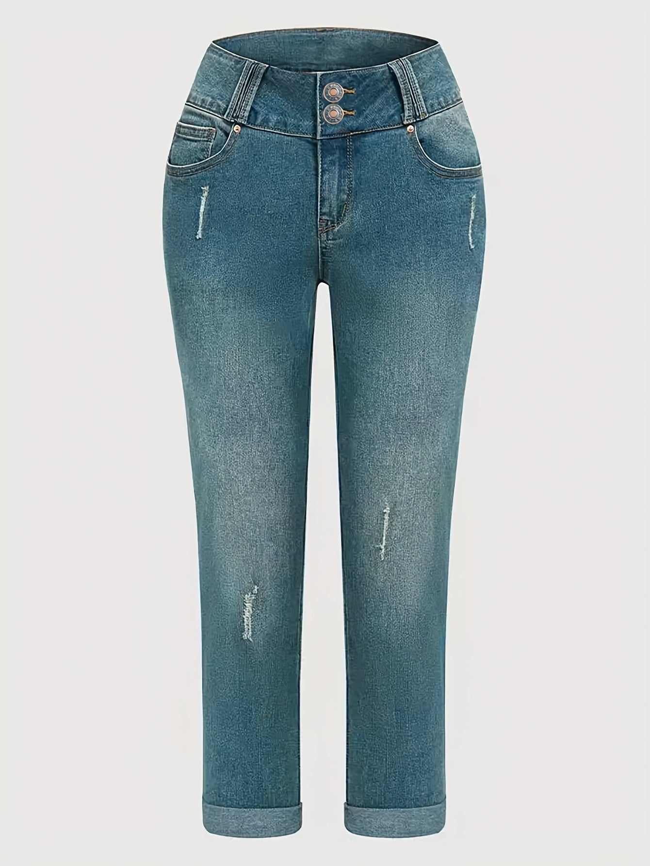 👖 Ripped Roll Up Hem Skinny Fit Washed Blue Capri Jeans