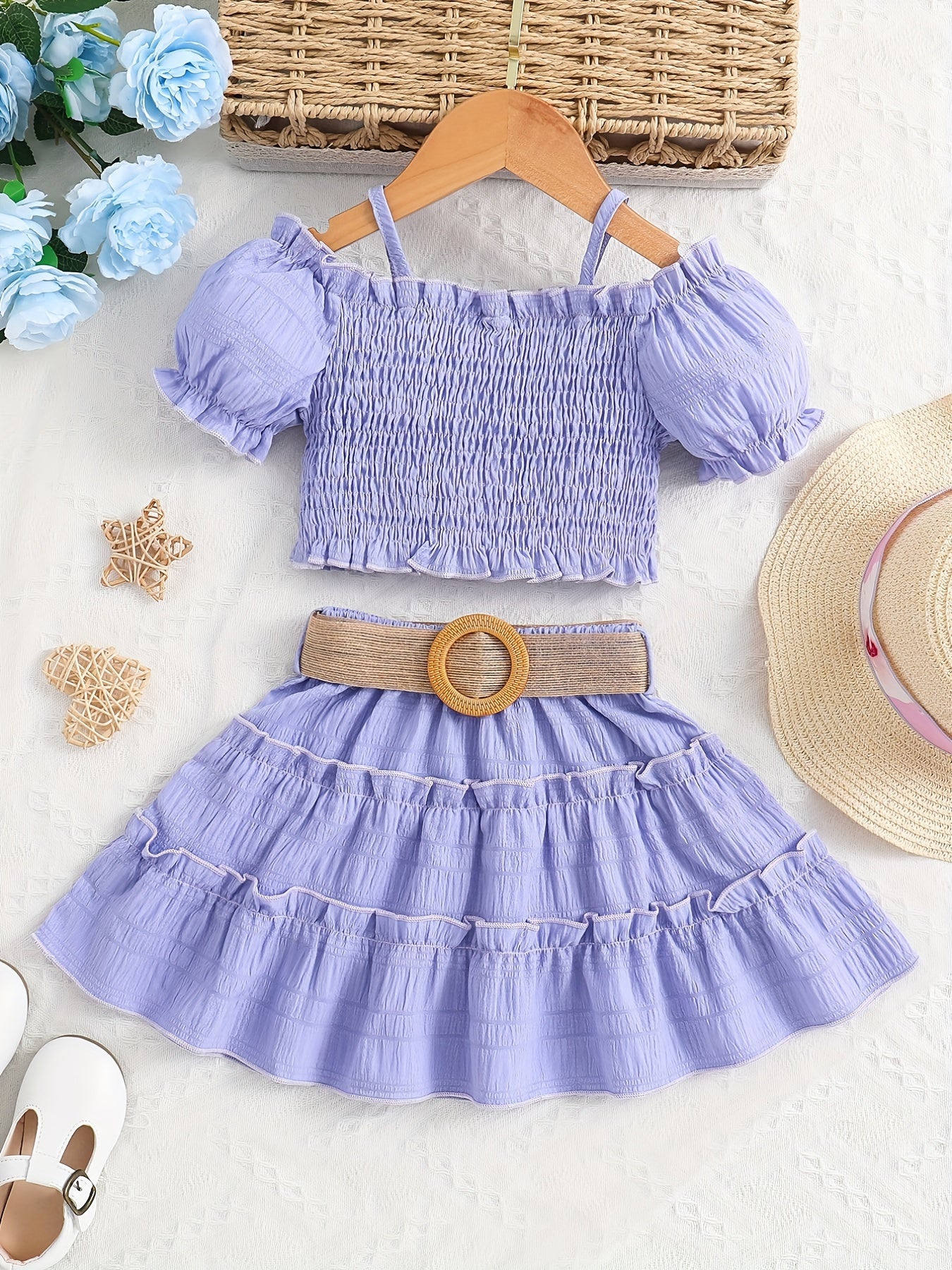 🌞 Girls' Elegant Cute Cami Off-Shoulder Ruffled Top & Skirt Set 👗