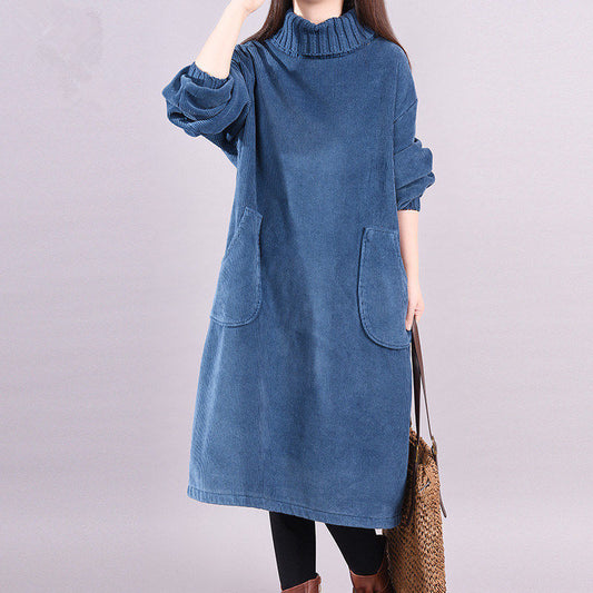 Autumn And Winter Plus Size Temperament Corduroy Turtleneck Dress