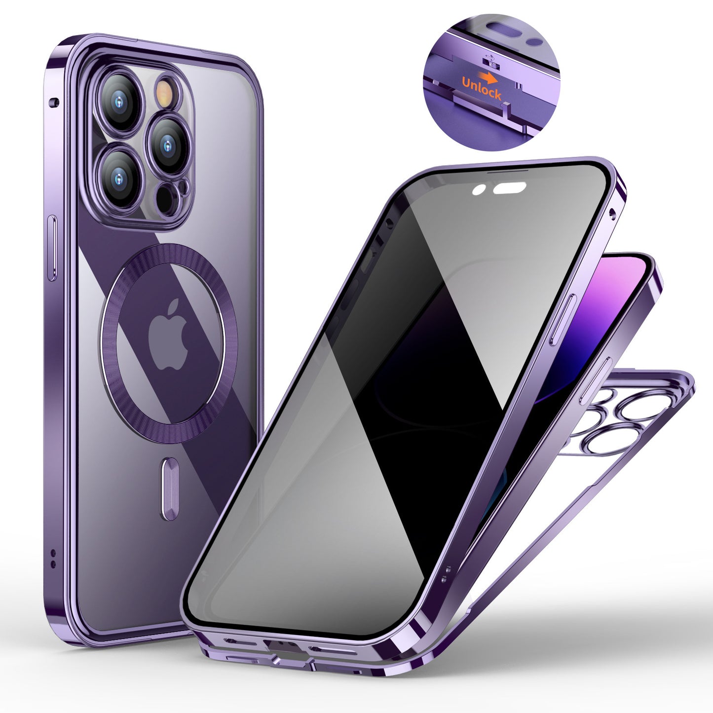 Secure Shield Magnetic Metal Buckle Phone Case: Double-Sided Lens Protection with Wireless Charging Support