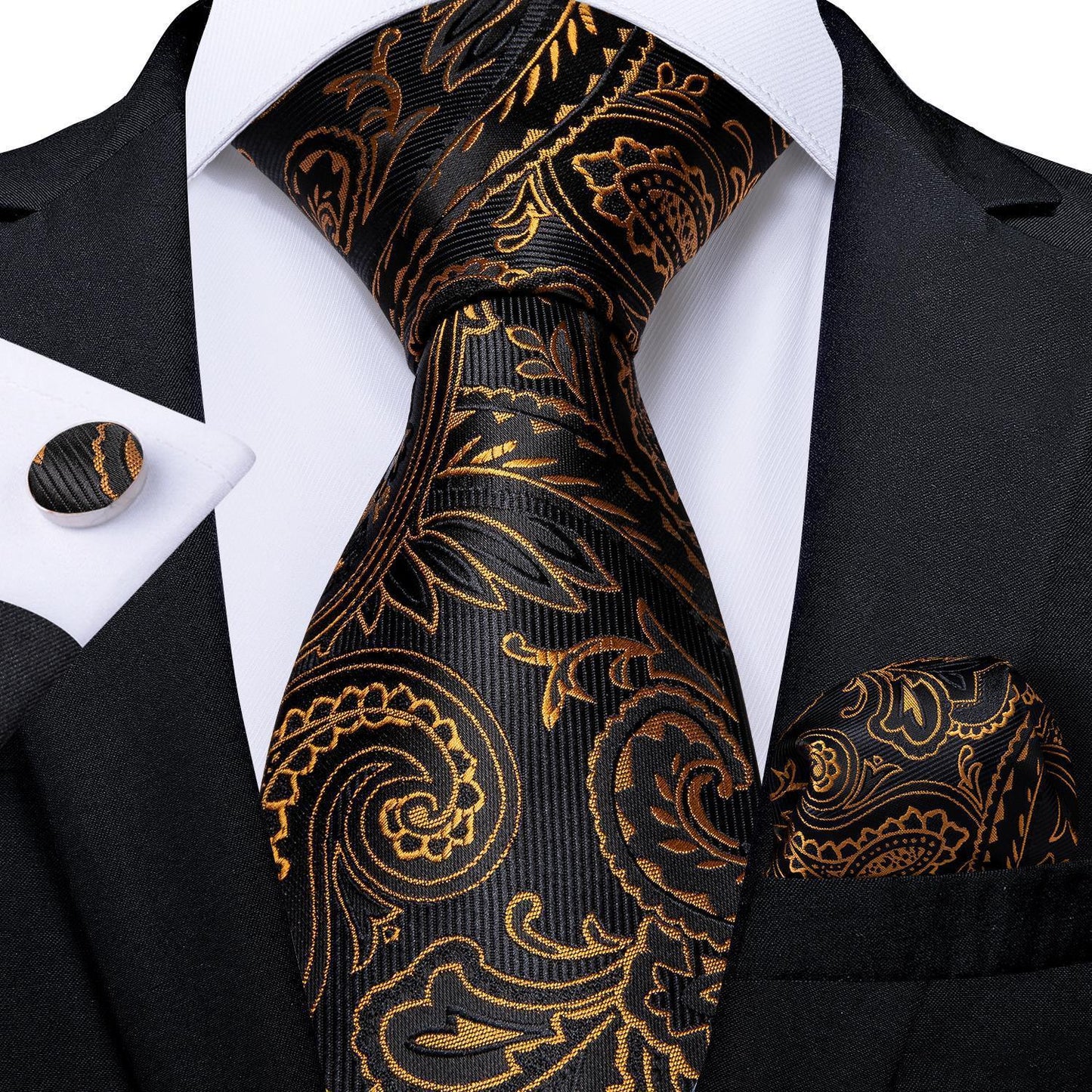 Men's Tie Luxury Black And Gold Striped Silk Woven