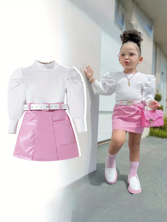 👧 3-Piece Sweet Girls' Set: Bubble Sleeve Top + PU Leather Skirt + Belt 💖