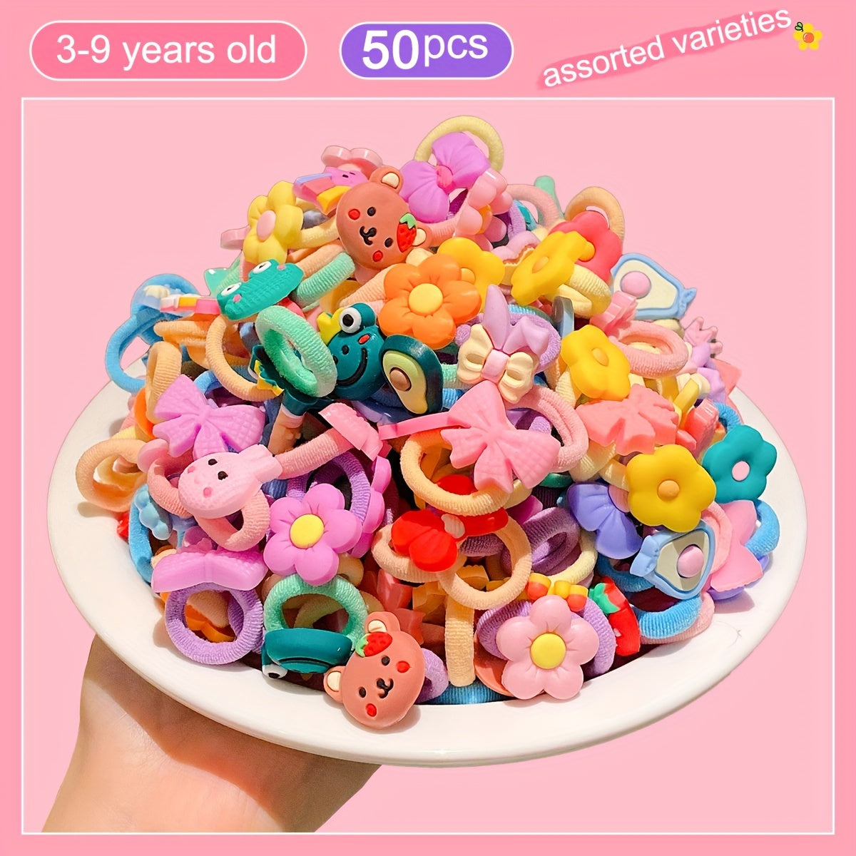 🎀 50-Piece Cartoon Hair Ties for Kids – Fun & Non-Damaging Elastic Bands for Girls Aged 3-14 🌟