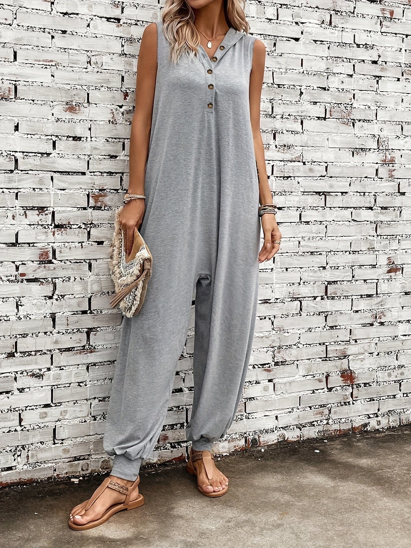 Solid Button Front Hooded Jumpsuit