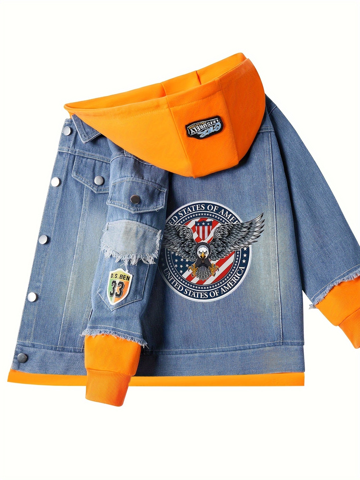 🦅 Boys' Casual Eagle Print Denim Hooded Jacket 🌟