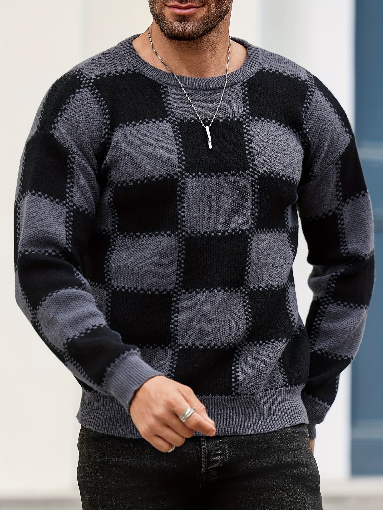 🎉 Men's Color Blocking Textured Checked Print Casual Trendy Sweater 🎉