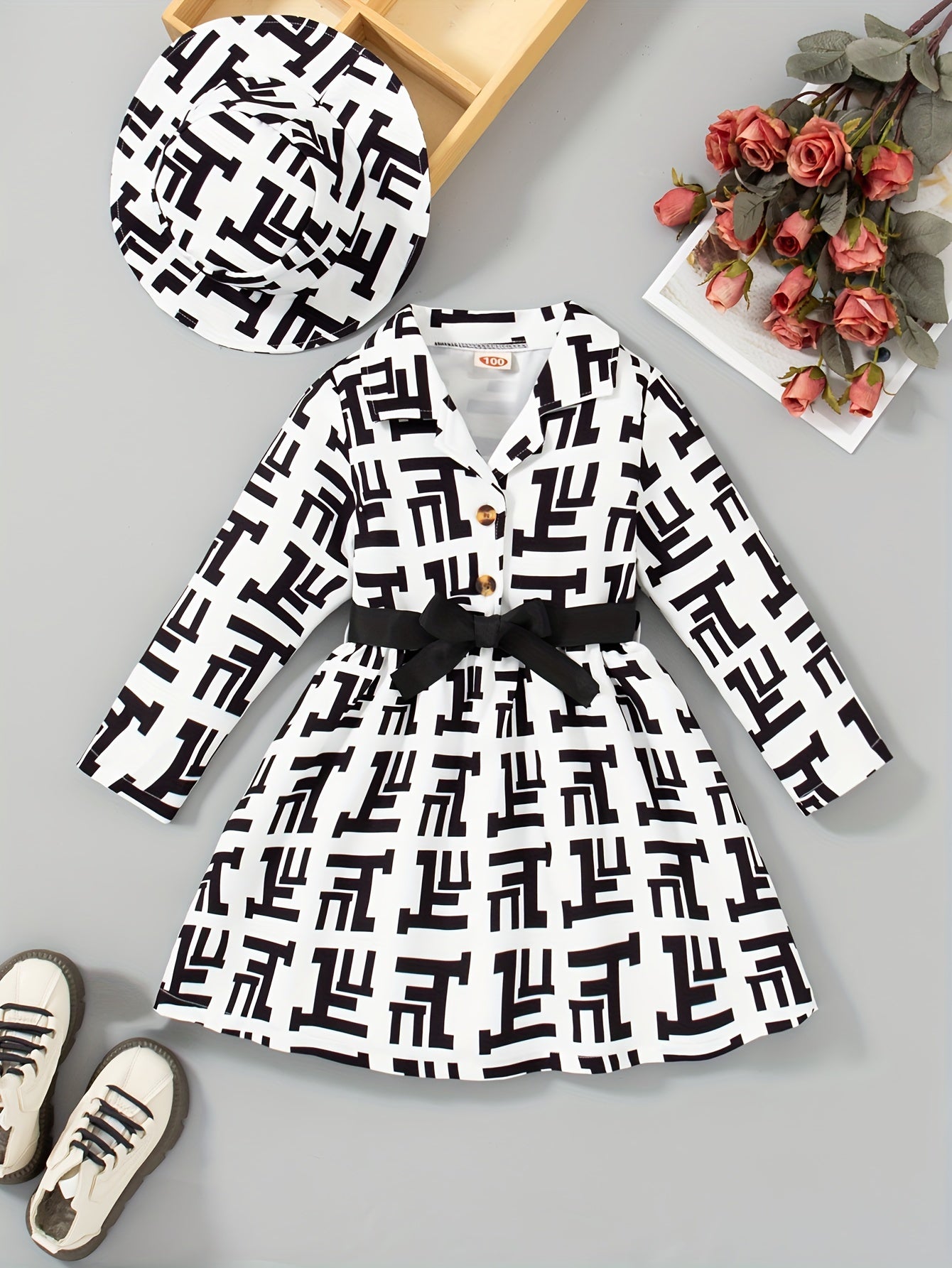 🌸 Girls Fashion Long Sleeve Printed Dress with Collar 👗