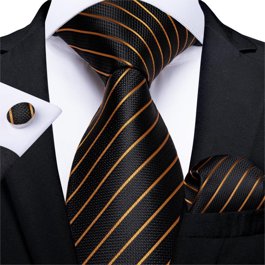 Men's Tie Luxury Black And Gold Striped Silk Woven