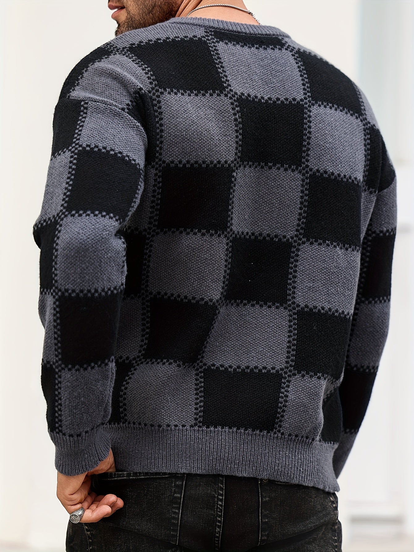 🎉 Men's Color Blocking Textured Checked Print Casual Trendy Sweater 🎉