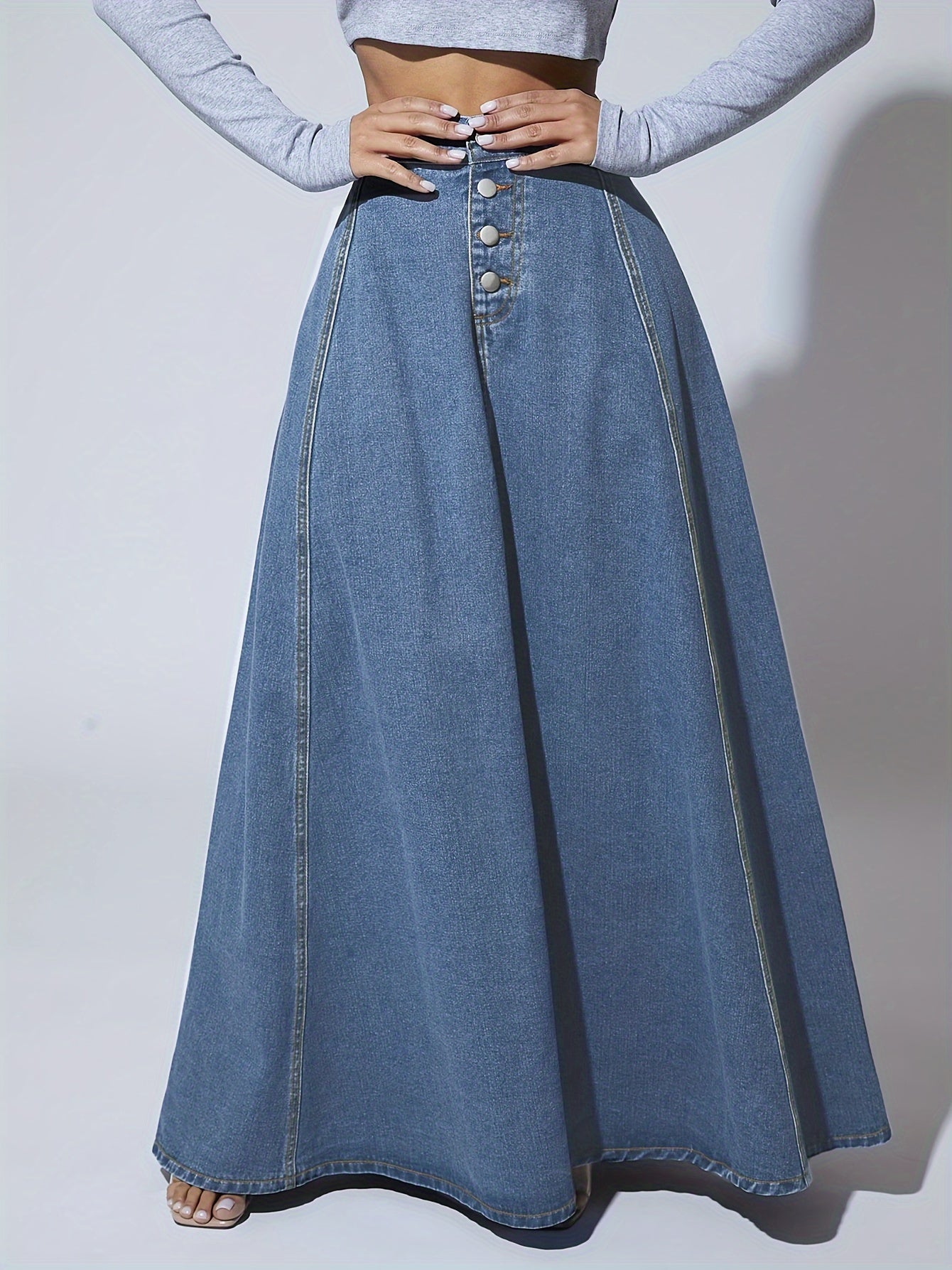 Retro High-Rise Washed Blue Denim Maxi Skirt