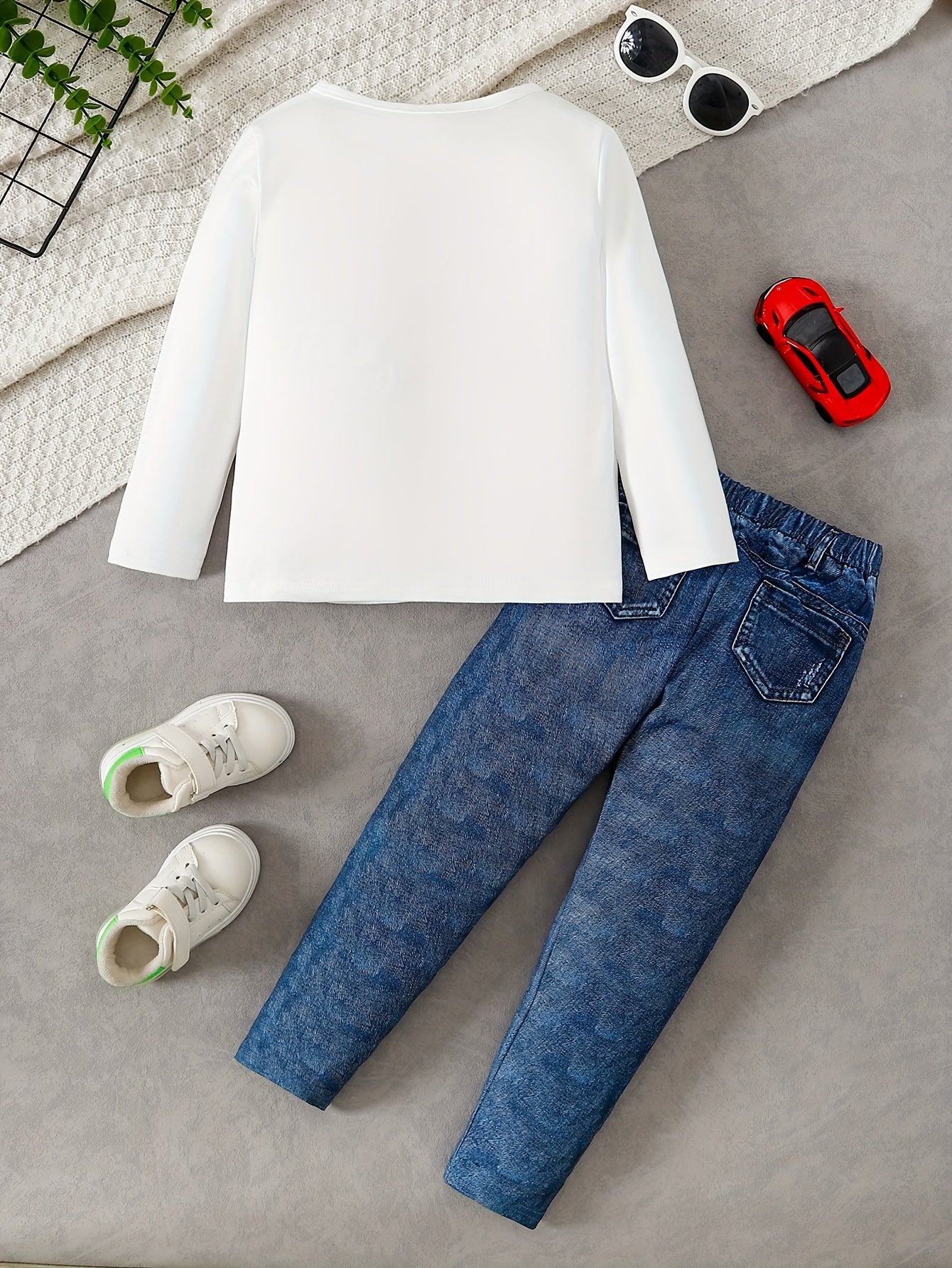 🏁 Boys' Long-Sleeved Racing Pattern Shirt & Imitation Denim Pants Set