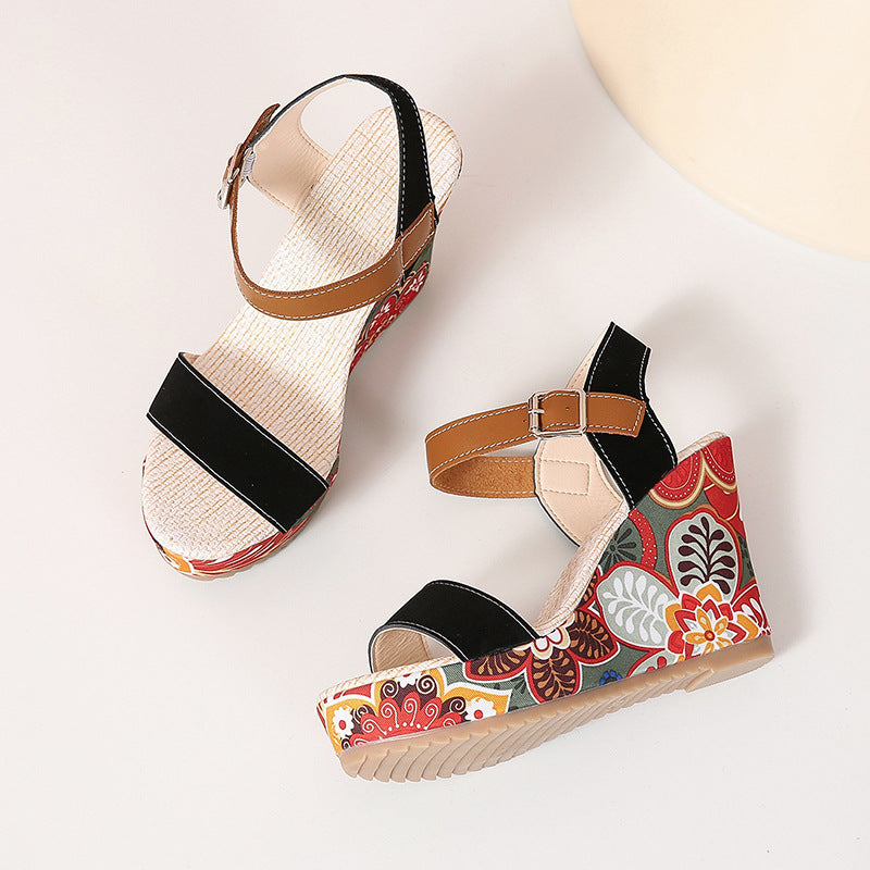 Blossom Lift Embroidered High Wedge Sandals: Fashionable Platform Buckle Shoes