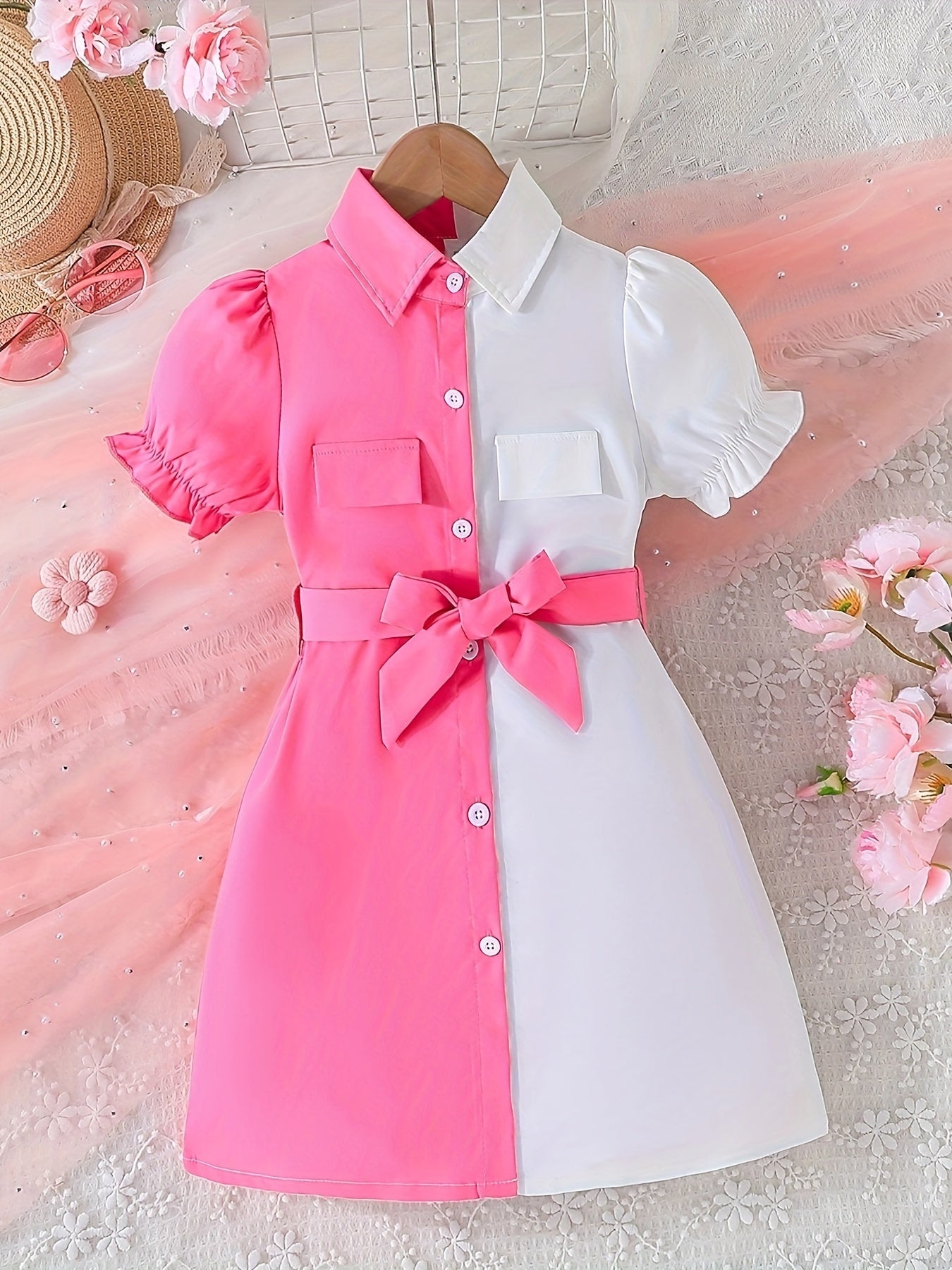 🌟 Girls' Elegant Patchwork Collar Shirt Dress 🌟