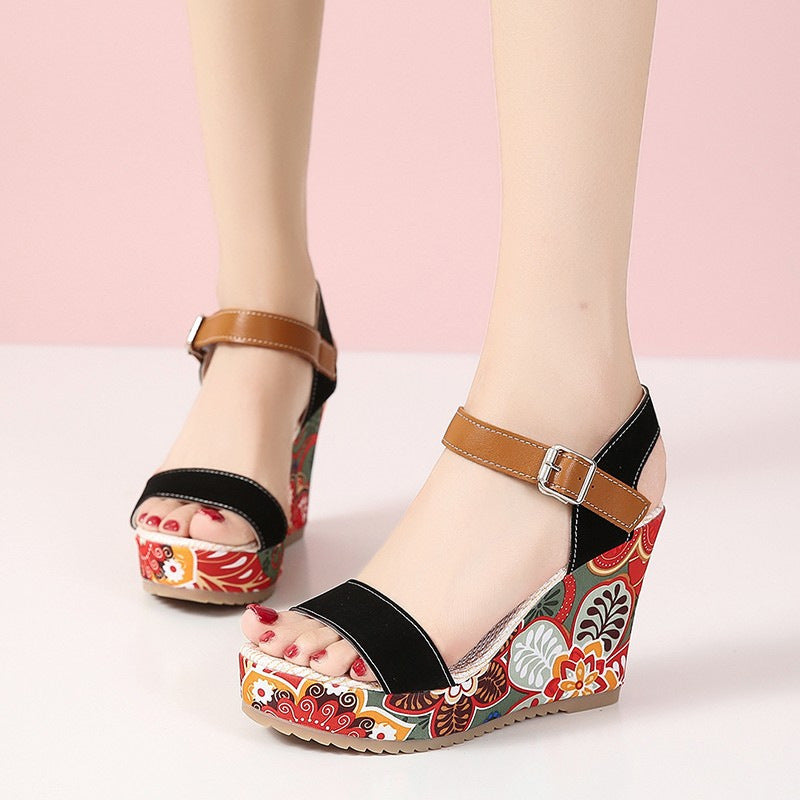 Blossom Lift Embroidered High Wedge Sandals: Fashionable Platform Buckle Shoes