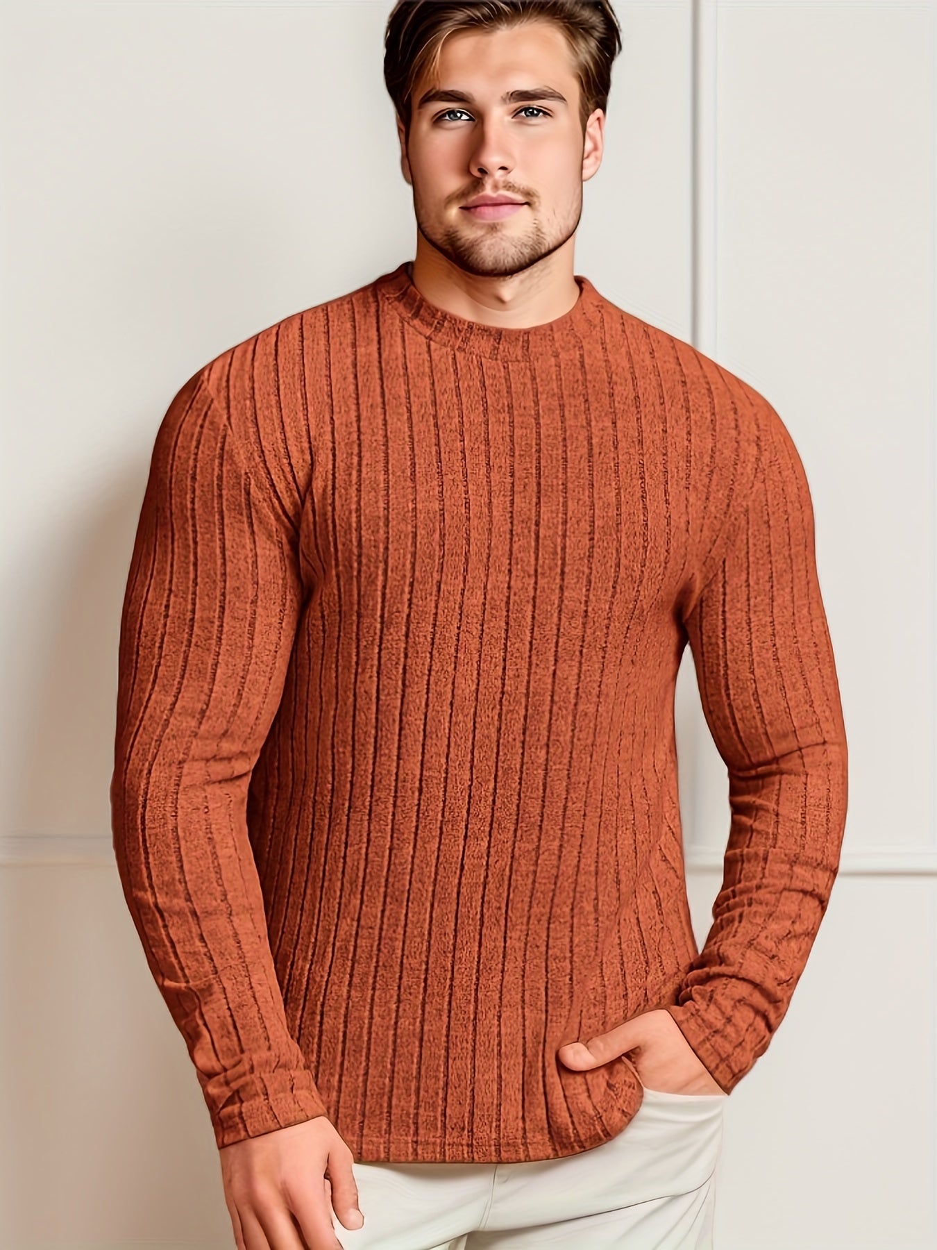 👕 Men's Solid Ribbed Crew Neck Long Sleeve Active T-Shirt 🌿