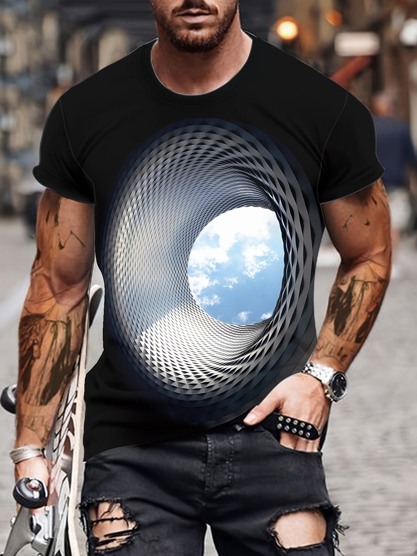 Swirling Geometric Blue Sky" Summer T-shirt