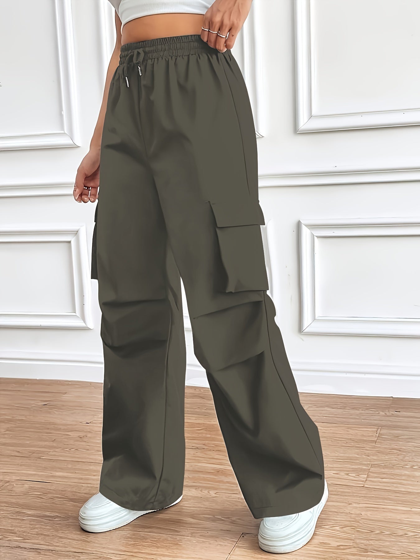 Drawstring Waist Wide Leg Cargo Pants